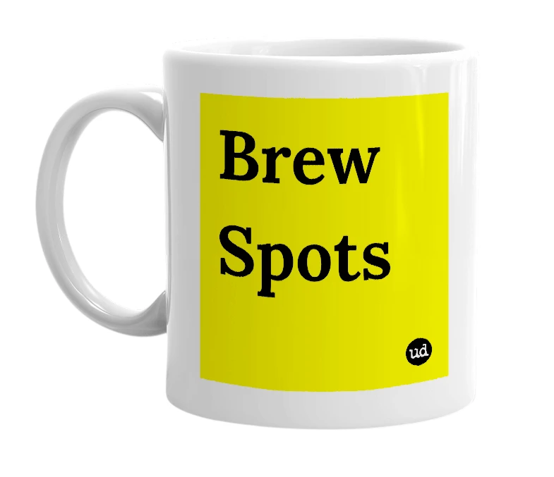 White mug with 'Brew Spots' in bold black letters