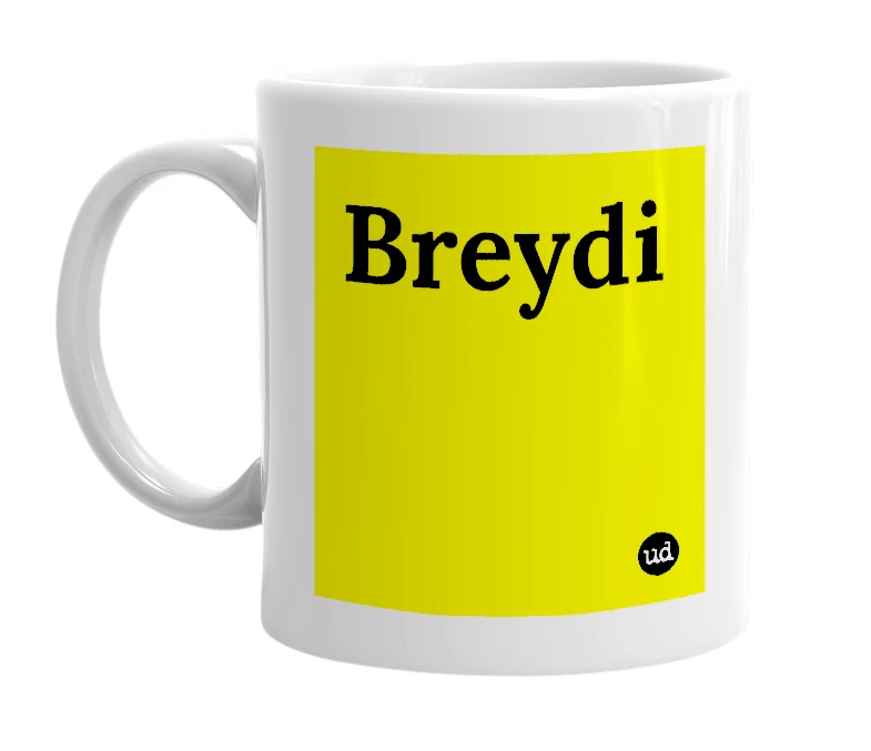 White mug with 'Breydi' in bold black letters