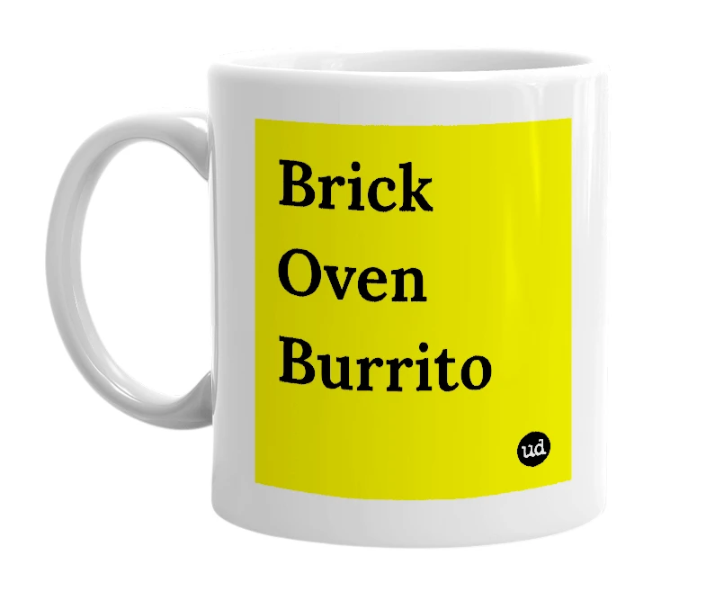 White mug with 'Brick Oven Burrito' in bold black letters