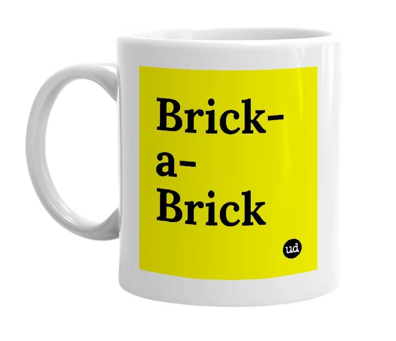 White mug with 'Brick-a-Brick' in bold black letters