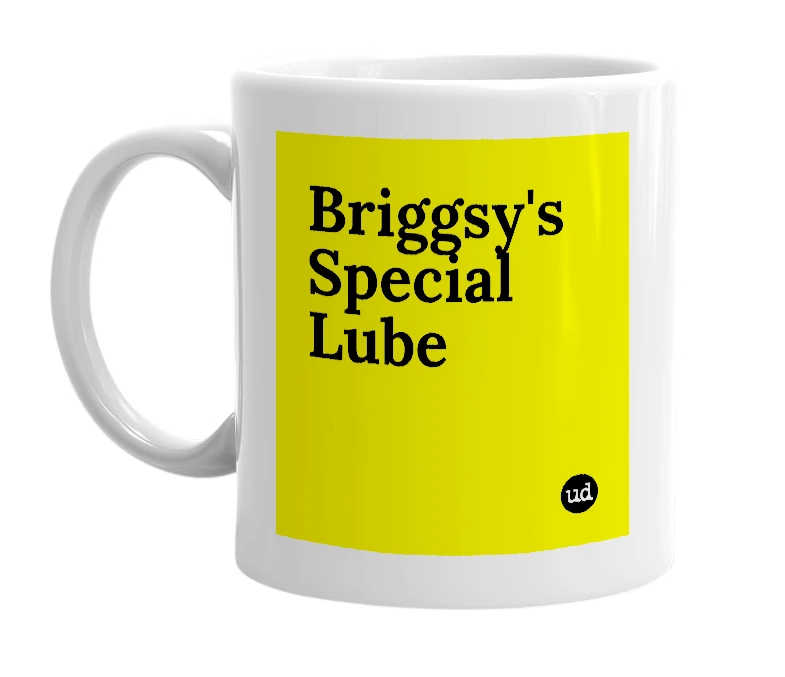 White mug with 'Briggsy's Special Lube' in bold black letters