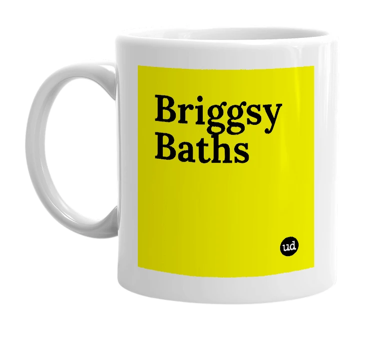 White mug with 'Briggsy Baths' in bold black letters