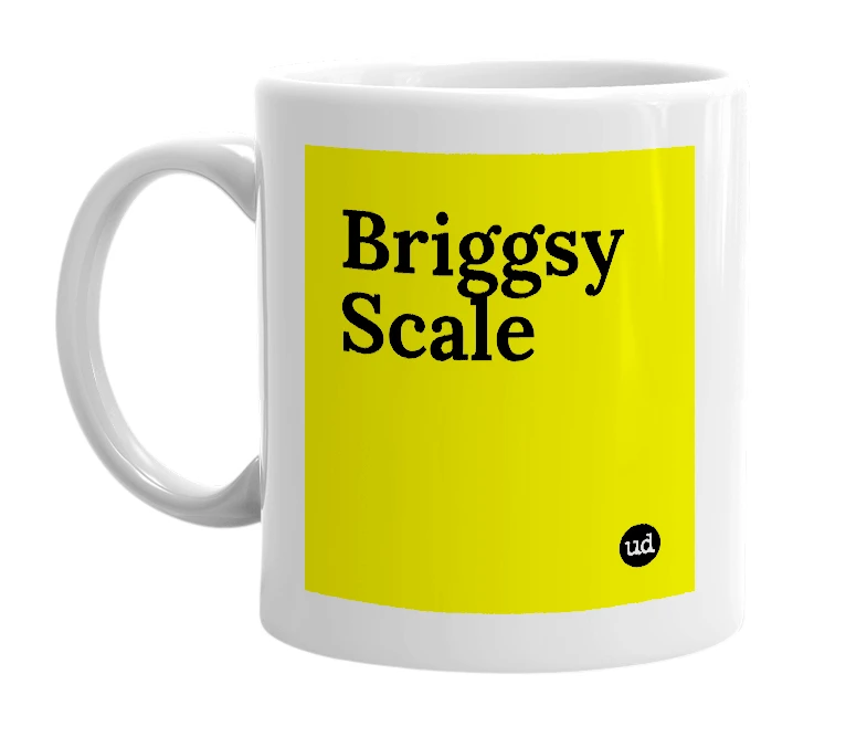 White mug with 'Briggsy Scale' in bold black letters