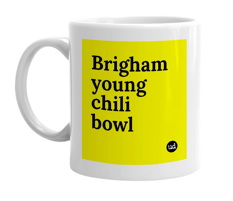 White mug with 'Brigham young chili bowl' in bold black letters
