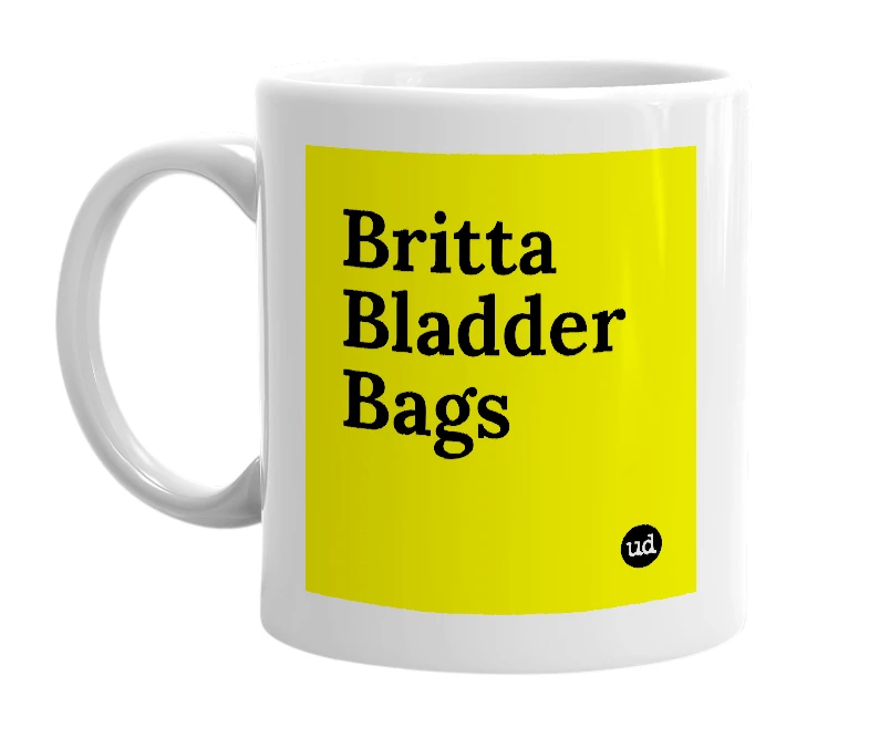 White mug with 'Britta Bladder Bags' in bold black letters