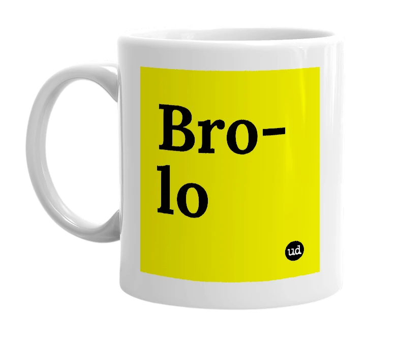 White mug with 'Bro-lo' in bold black letters