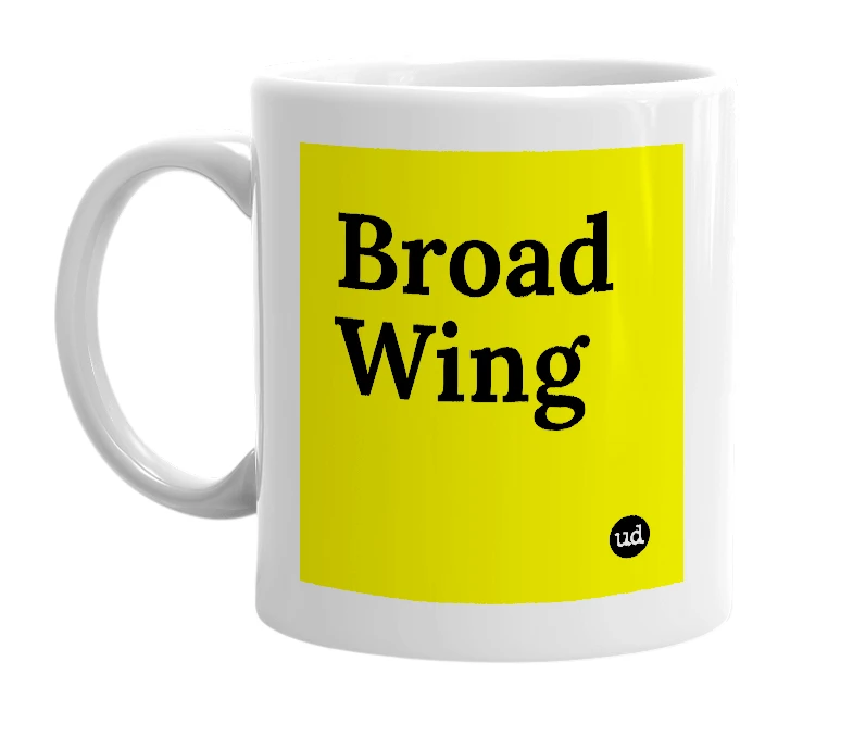 White mug with 'Broad Wing' in bold black letters