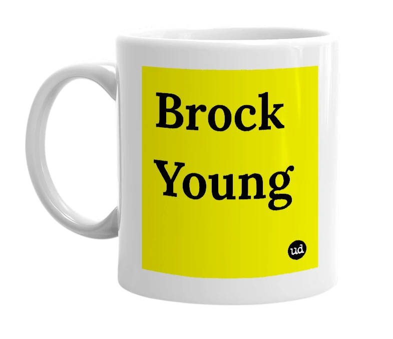 White mug with 'Brock Young' in bold black letters