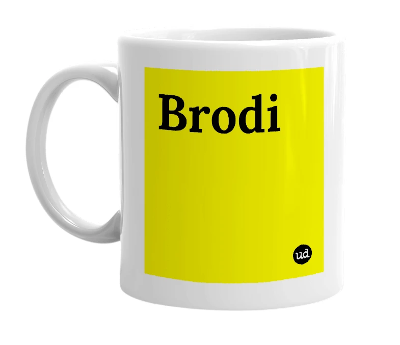 White mug with 'Brodi' in bold black letters