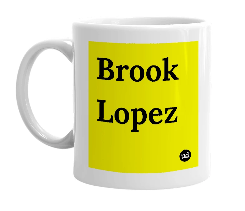 White mug with 'Brook Lopez' in bold black letters