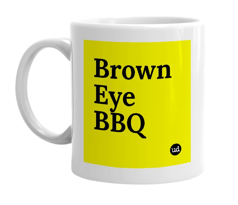 White mug with 'Brown Eye BBQ' in bold black letters