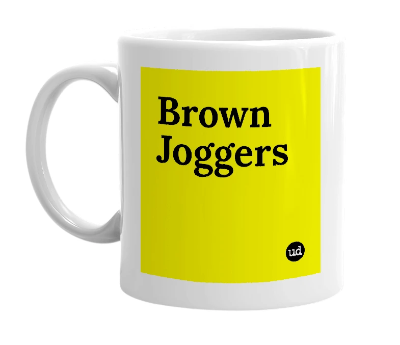 White mug with 'Brown Joggers' in bold black letters