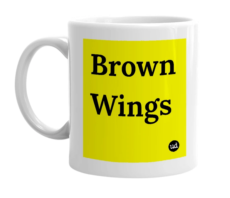 White mug with 'Brown Wings' in bold black letters