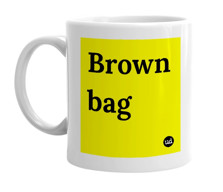 White mug with 'Brown bag' in bold black letters