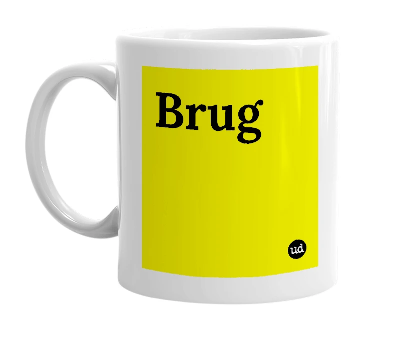 White mug with 'Brug' in bold black letters