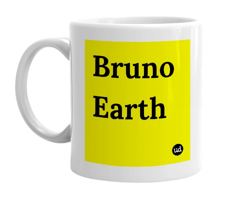 White mug with 'Bruno Earth' in bold black letters