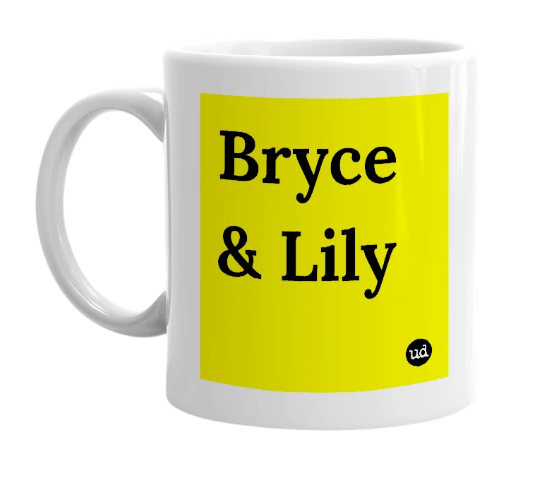 White mug with 'Bryce & Lily' in bold black letters