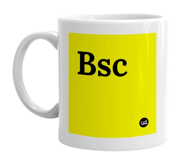 White mug with 'Bsc' in bold black letters