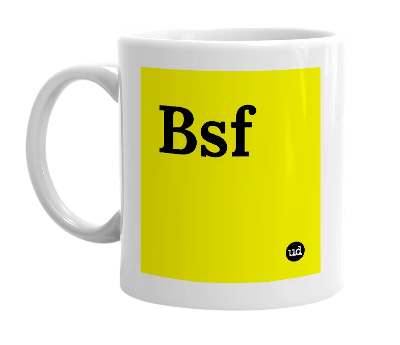 White mug with 'Bsf' in bold black letters