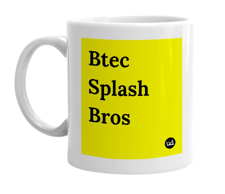 White mug with 'Btec Splash Bros' in bold black letters