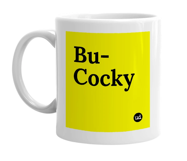 White mug with 'Bu-Cocky' in bold black letters