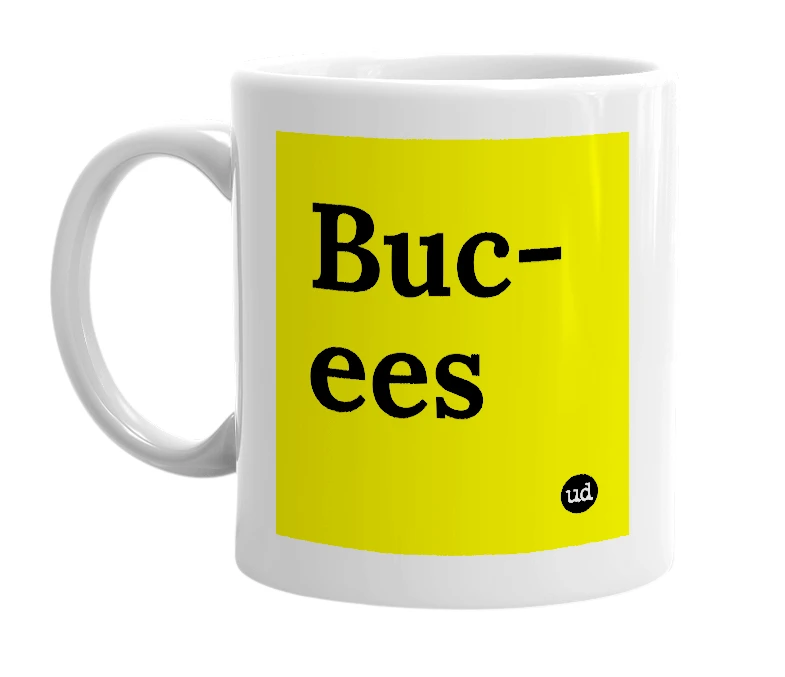 White mug with 'Buc-ees' in bold black letters