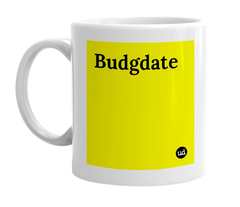 White mug with 'Budgdate' in bold black letters