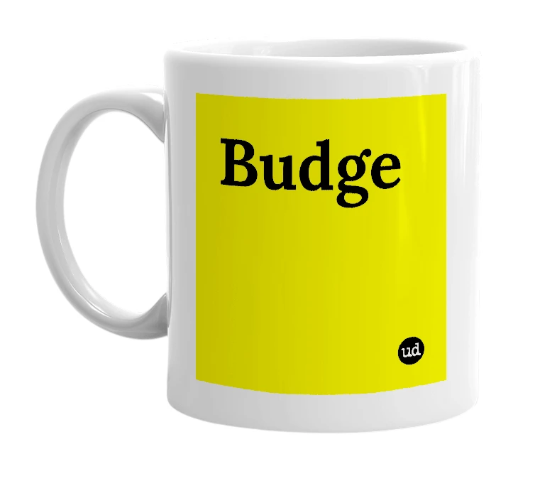 White mug with 'Budge' in bold black letters