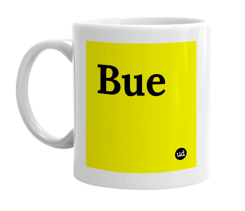 White mug with 'Bue' in bold black letters