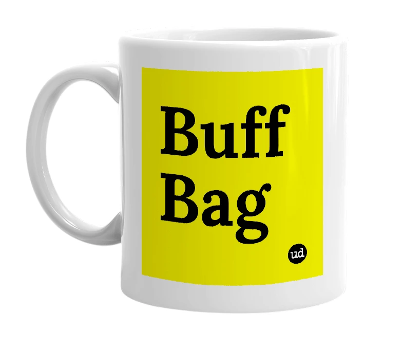 White mug with 'Buff Bag' in bold black letters