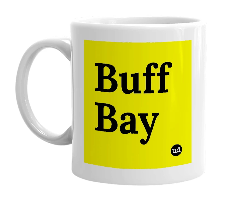 White mug with 'Buff Bay' in bold black letters