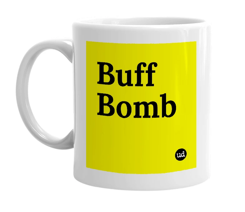 White mug with 'Buff Bomb' in bold black letters