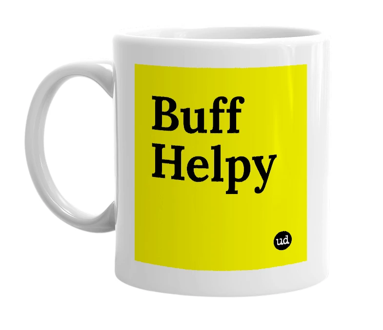 White mug with 'Buff Helpy' in bold black letters