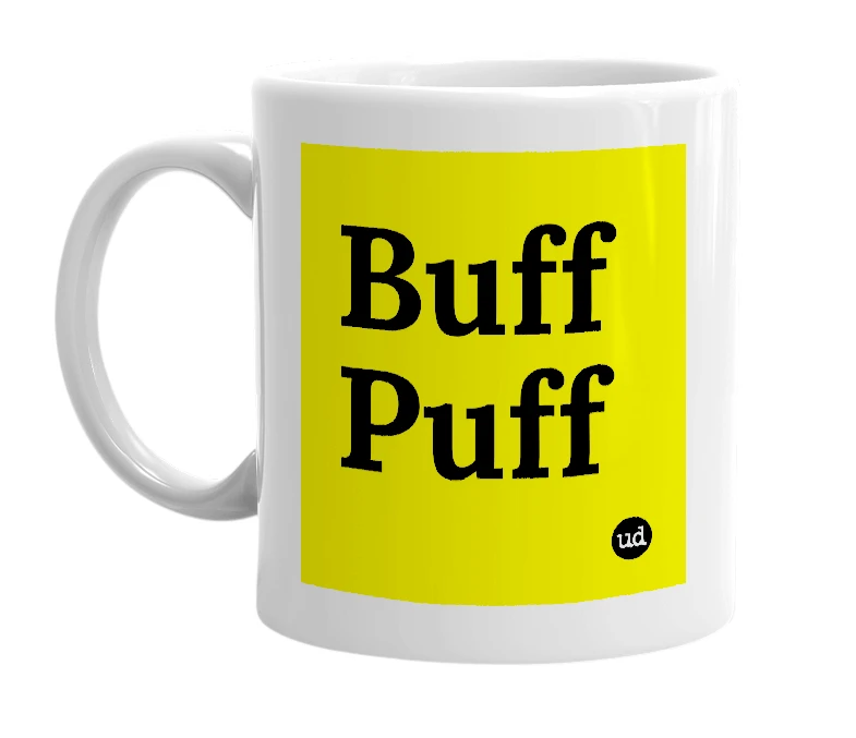 White mug with 'Buff Puff' in bold black letters