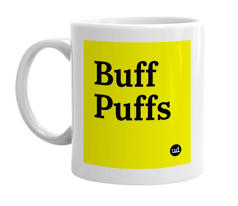 White mug with 'Buff Puffs' in bold black letters
