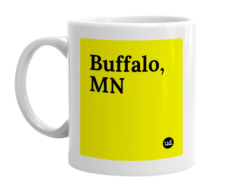 White mug with 'Buffalo, MN' in bold black letters