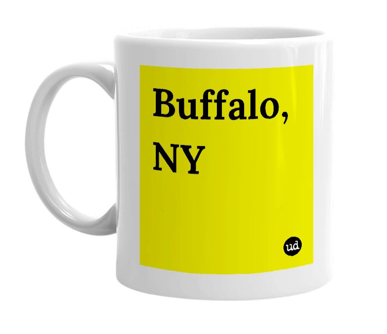 White mug with 'Buffalo, NY' in bold black letters