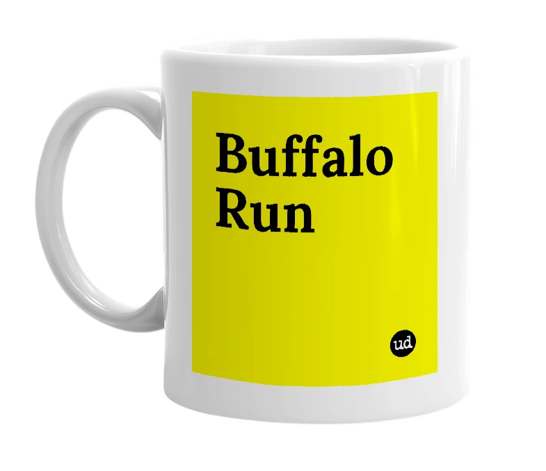White mug with 'Buffalo Run' in bold black letters