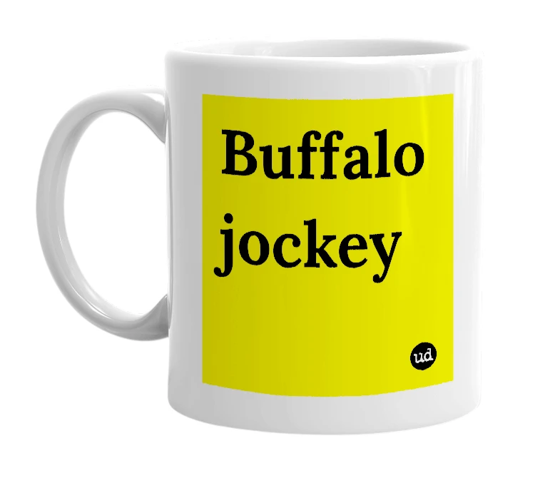 White mug with 'Buffalo jockey' in bold black letters