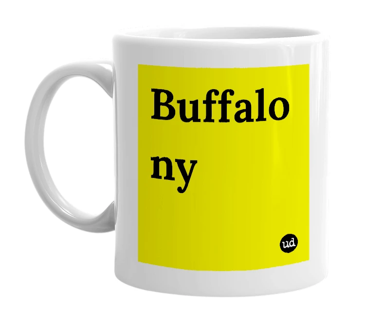 White mug with 'Buffalo ny' in bold black letters