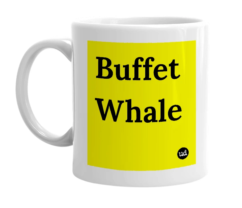 White mug with 'Buffet Whale' in bold black letters
