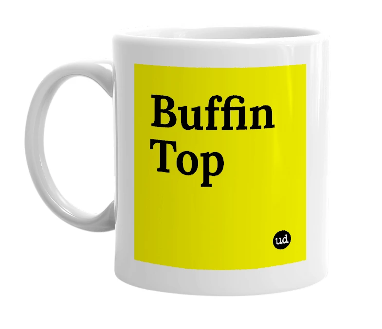 White mug with 'Buffin Top' in bold black letters
