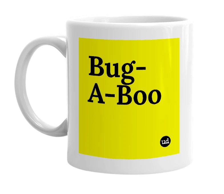 White mug with 'Bug-A-Boo' in bold black letters