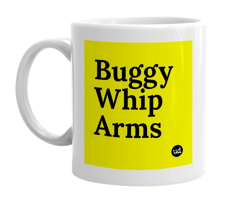 White mug with 'Buggy Whip Arms' in bold black letters
