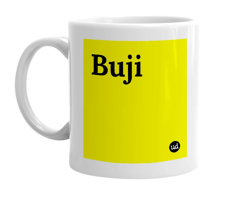 White mug with 'Buji' in bold black letters