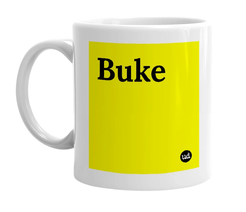 White mug with 'Buke' in bold black letters