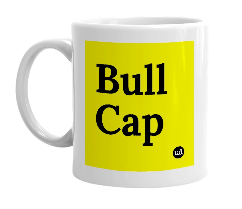 White mug with 'Bull Cap' in bold black letters