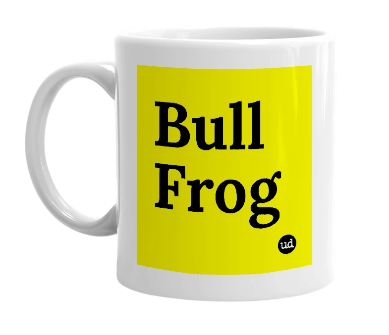 White mug with 'Bull Frog' in bold black letters