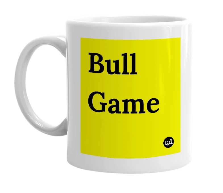 White mug with 'Bull Game' in bold black letters