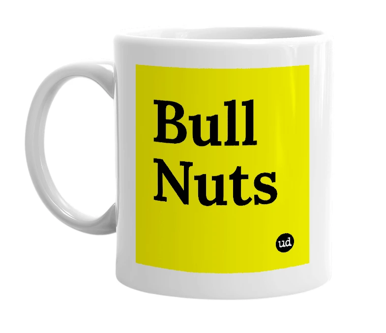 White mug with 'Bull Nuts' in bold black letters